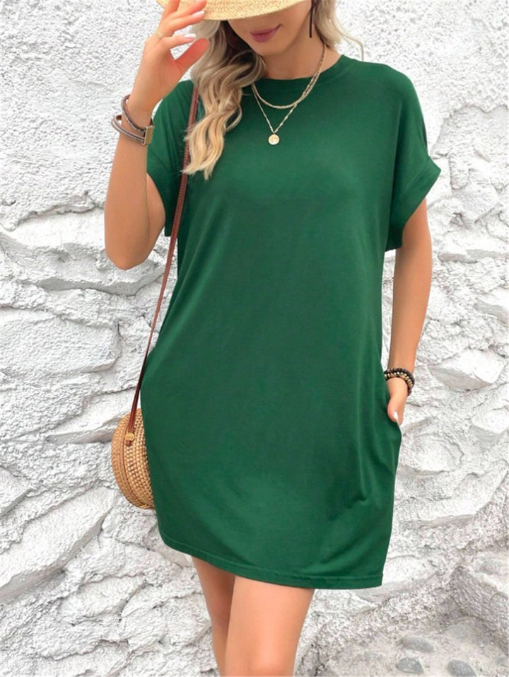 Damen lässiges T-Shirt-Kleid mit umschlagbaren Ärmeln und Taschen Drune