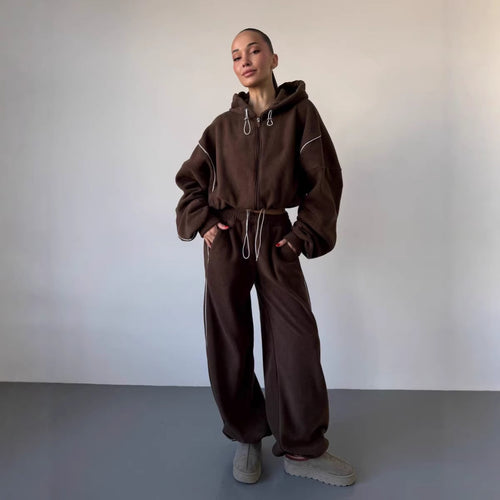 Damen lässiges Fleece-Set mit Kapuze und elastischem Bund Drune