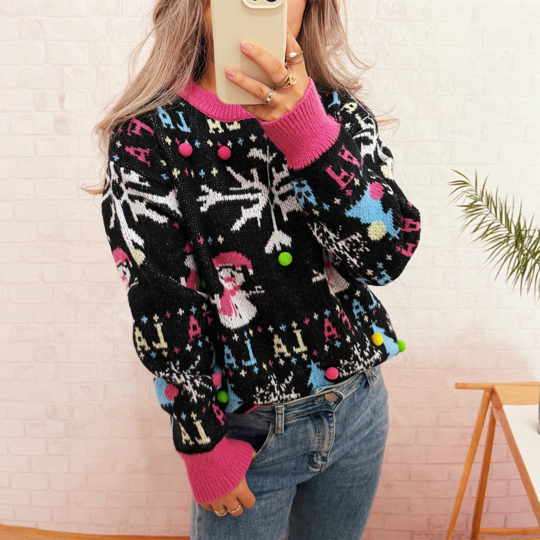 Damen festlicher Pullover mit farbenfrohen Weihnachtsmotiven und verspielten Details Drune