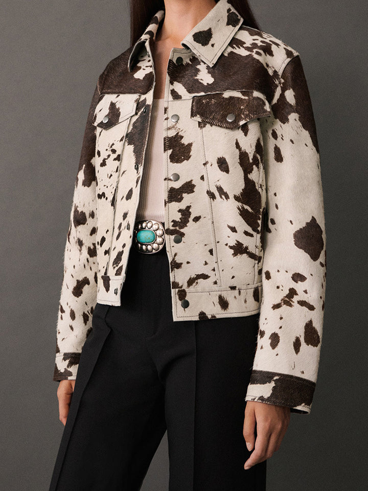 Damen Kurzjacke im modernen Cowhide-Design mit runden Taschen und Druckknöpfen Drune