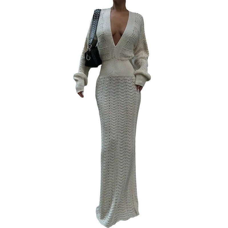 Damen elegantes gehäkeltes Maxikleid mit tiefem V-Ausschnitt Drune
