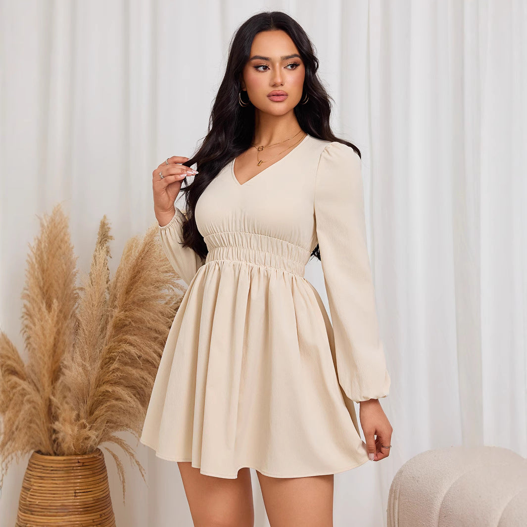 Damen lässiges Minimidi-Kleid mit geschmeidiger Taillierung und eleganten Puffärmeln Drune