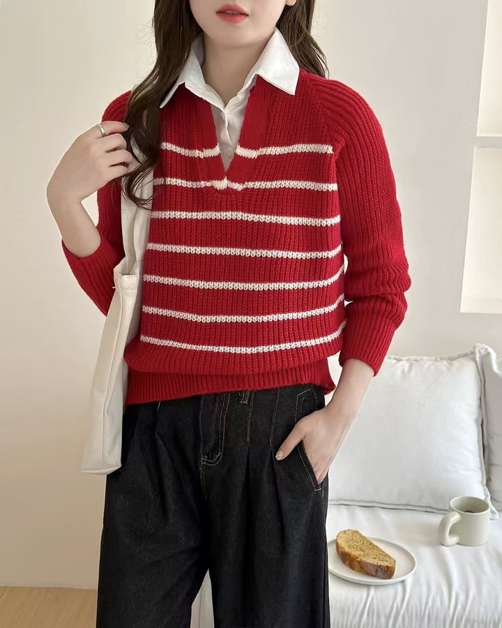 Damen Strickpullover mit V-Ausschnitt und gestreiftem Design Drune