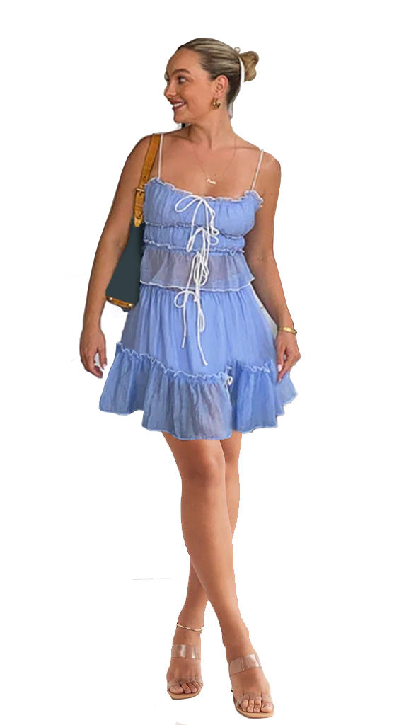 Damen luftiges Wickelkleid mit Rüschendetails und Kontrastbändern Drune