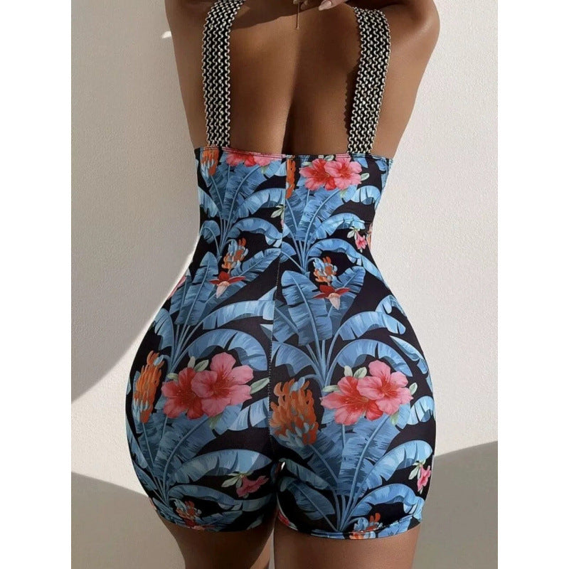 Damen Einteiliger Badeanzug mit tiefem V-Ausschnitt und modischem floralem Design Drune