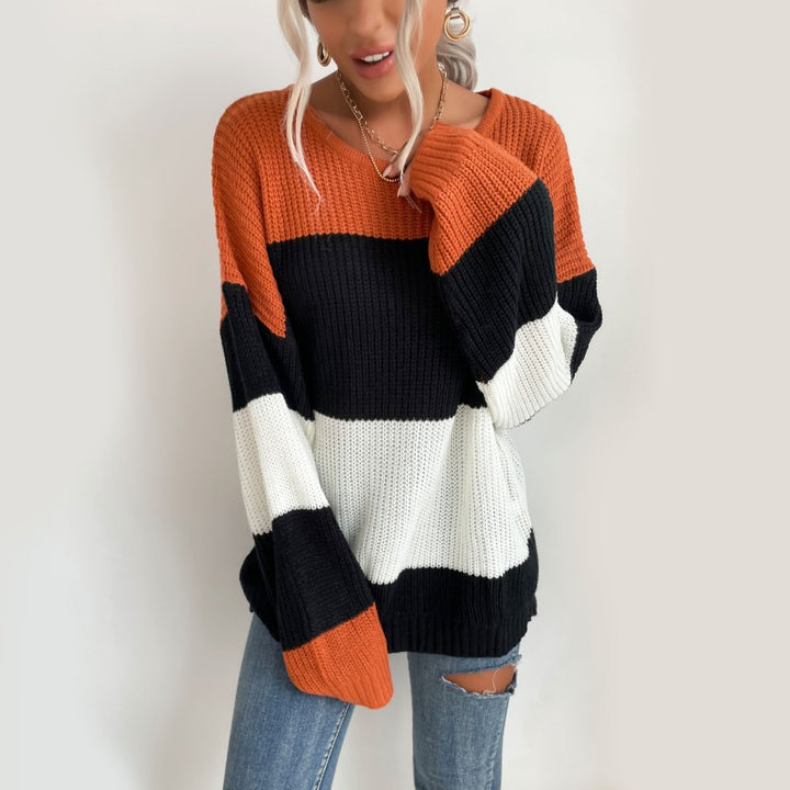 Damen lässiger Strickpullover mit modischem Blockdesign Drune