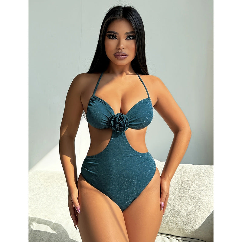 Damen Einteiliger Cut-Out Badeanzug mit floralem Design und glamourösen Akzenten Drune