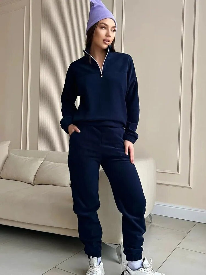 Damen Kuscheliges Fleece-Loungewear-Set mit Halb-Reißverschluss und elastischem Bund Drune