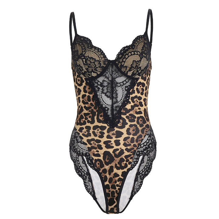 Damen-Spitzen-Bodysuit mit animalischem Muster und sexy Cut-Outs Drune