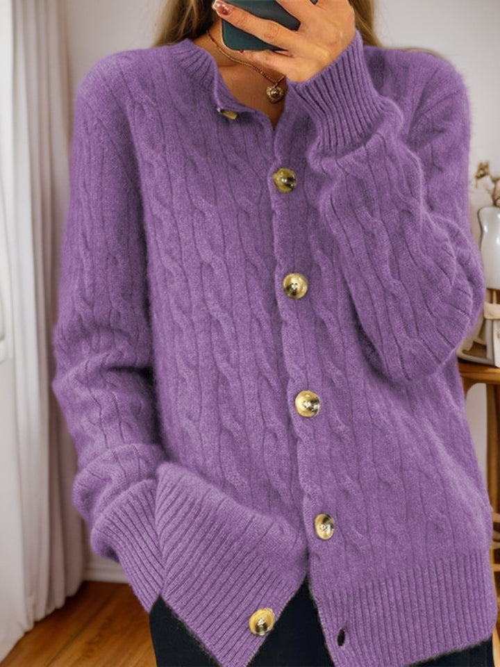 Damen Kaschmir Strickjacke mit Knopfverschluss und strukturiertem Zopfmuster Drune