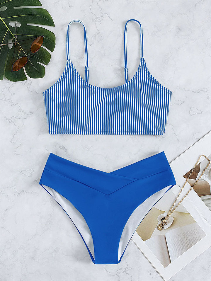 Damen Triangel-Bikini-Set mit modischem gestreiftem Oberteil und hochgeschnittenem Höschen Drune
