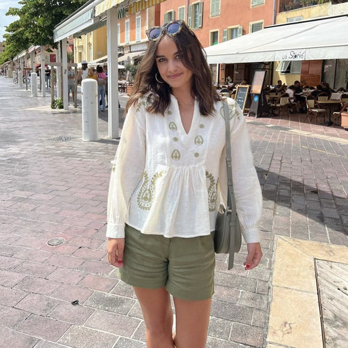 Damen bestickte Bluse mit Balloon-Ärmeln und V-Ausschnitt Drune