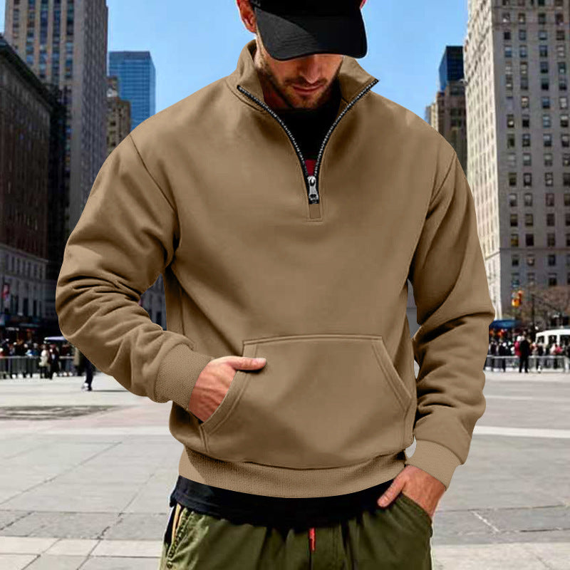 Herren nan Halbzip-Sweatshirt mit Kängurutasche, elastischen Rippbündchen und hohem Stehkragen Drune