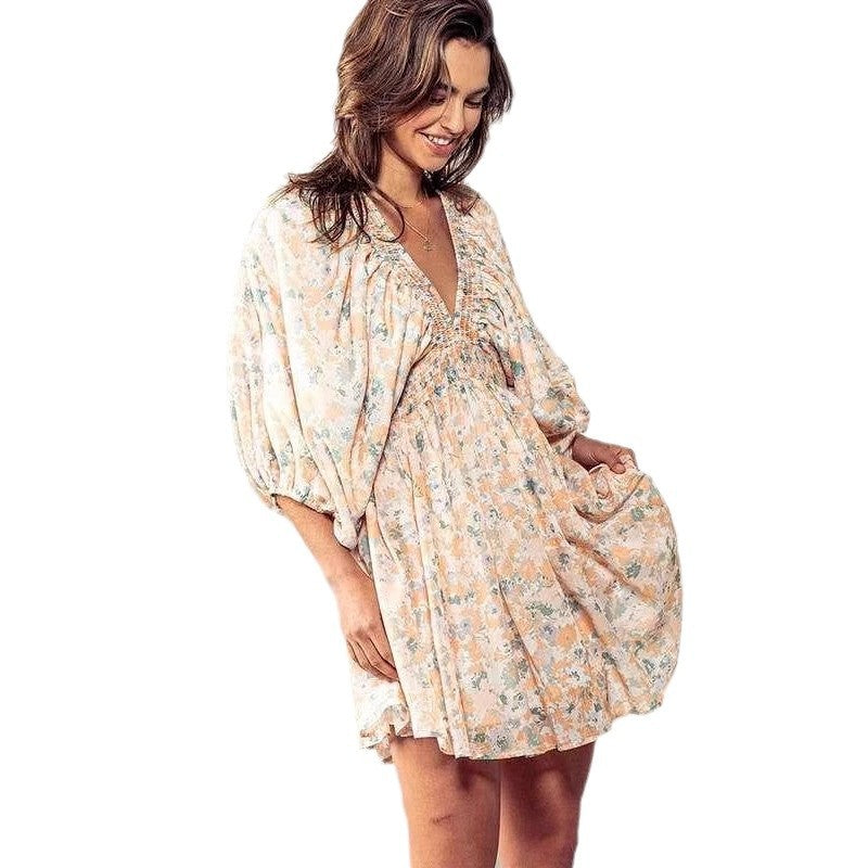 Damen romantisches Gartenkleid mit puffärmeln und elastischer Taille Drune