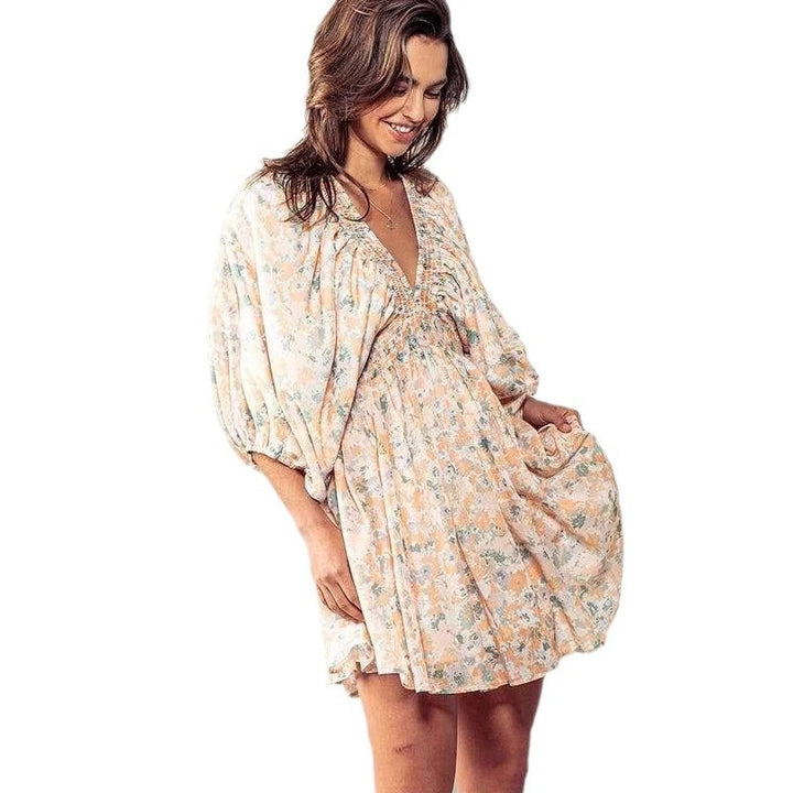 Damen romantisches Gartenkleid mit puffärmeln und elastischer Taille Drune