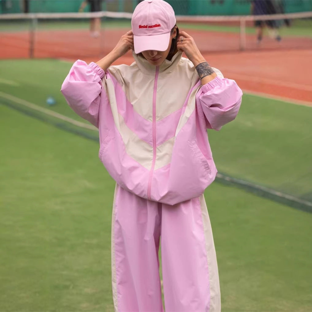 Damen sportlicher Windbreaker-Anzug mit hochgeschlossenem Kragen und trendigen Farbakzenten Drune