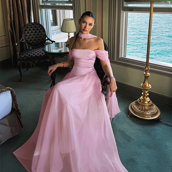 Damen Elegantes Abendkleid mit schulterfreien Puffärmeln und Choker Drune