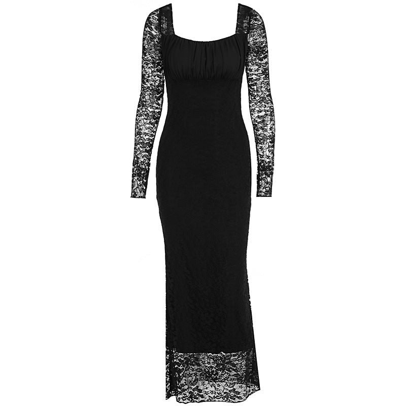 Damen elegantes Spitzenkleid mit langem Arm und figurbetontem Schnitt Drune
