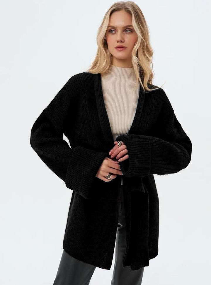 Damen Strickjacke mit Bindegürtel und weit geschnittenen Ärmeln Drune