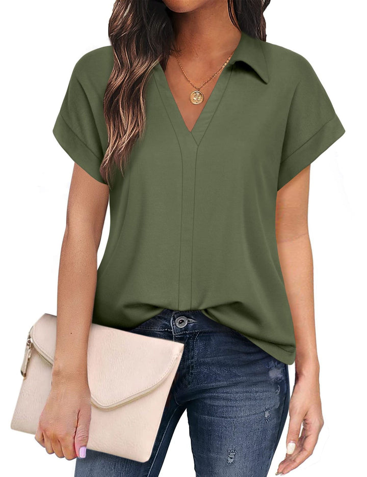 Damen V-Ausschnitt Bluse mit kurzen Ärmeln und eleganter Knopfleiste Drune