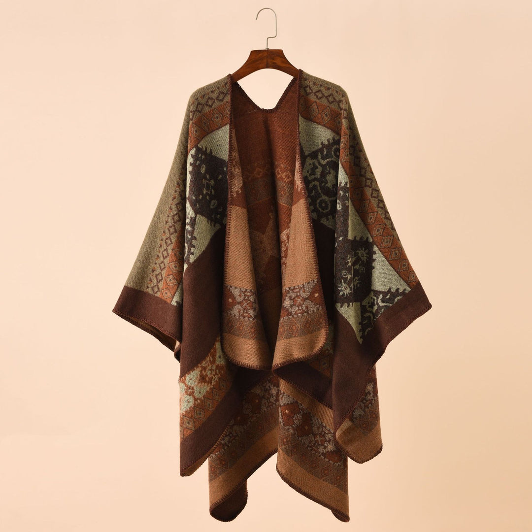 Damen Modischer Poncho mit kunstvollem Muster und fransigen Kanten Drune