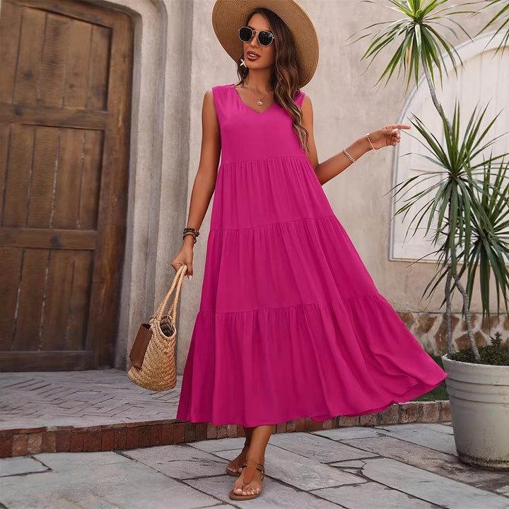 Damen Elegantes Sommer-Maxi-Kleid mit voluminösem Rock und V-Ausschnitt Drune