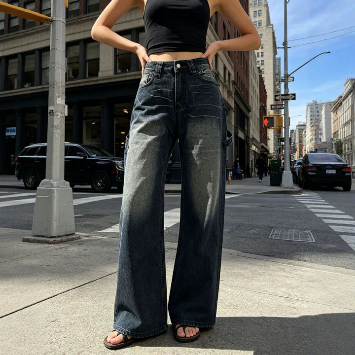 Damen nan weite High‑Waist Carpenter-Denimhose mit Utility-Seitentasche und ausgestelltem Bein Drune