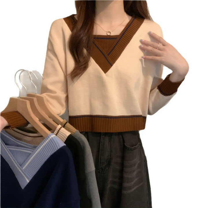 Damen modischer V-Ausschnitt Pullover mit Kontrastdetails Drune