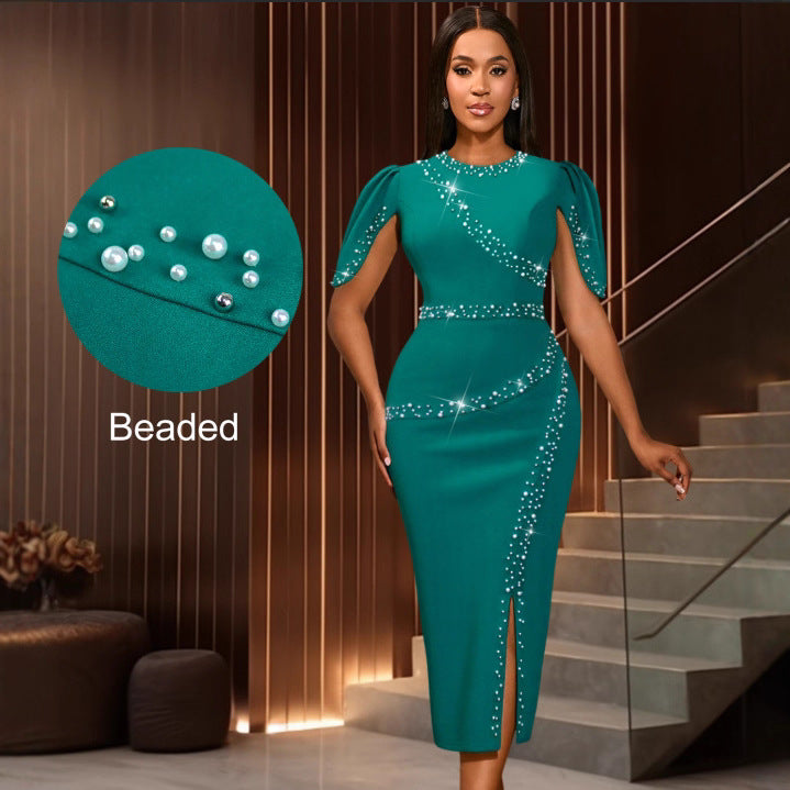 Damen Chic Glamour Kleid mit asymmetrischem Schlitz und funkelnden Strassdetails Drune