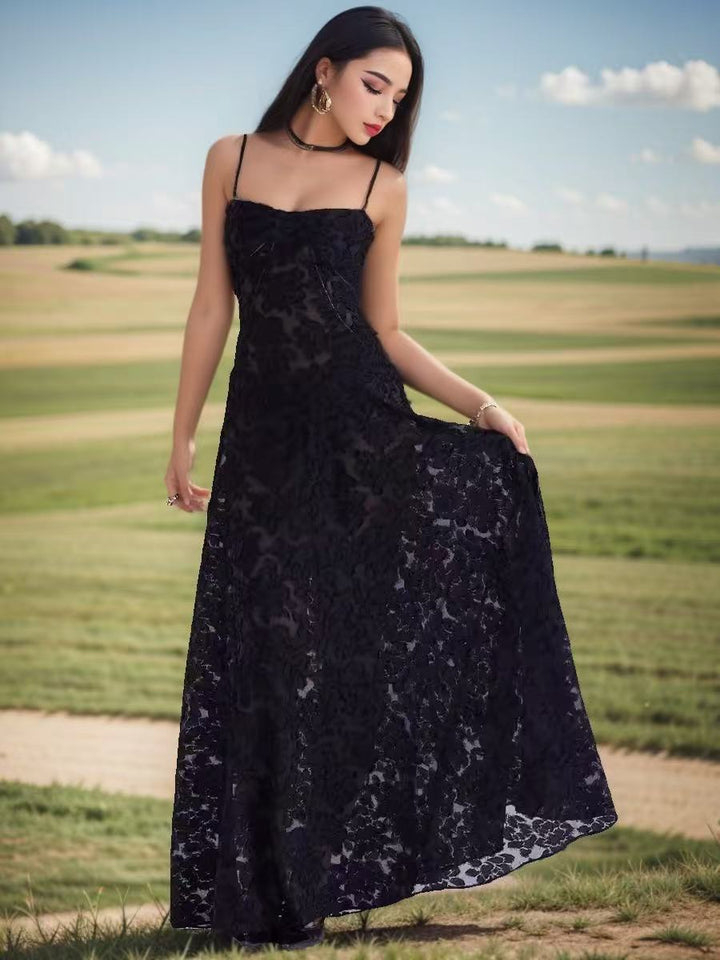 Damen langes Spitzenkleid mit transparentem Obermaterial und elegantem Schnitt Drune