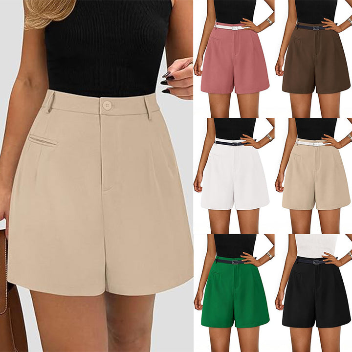 Damen elegante Shorts mit Gürtel und Eingrifftaschen Drune