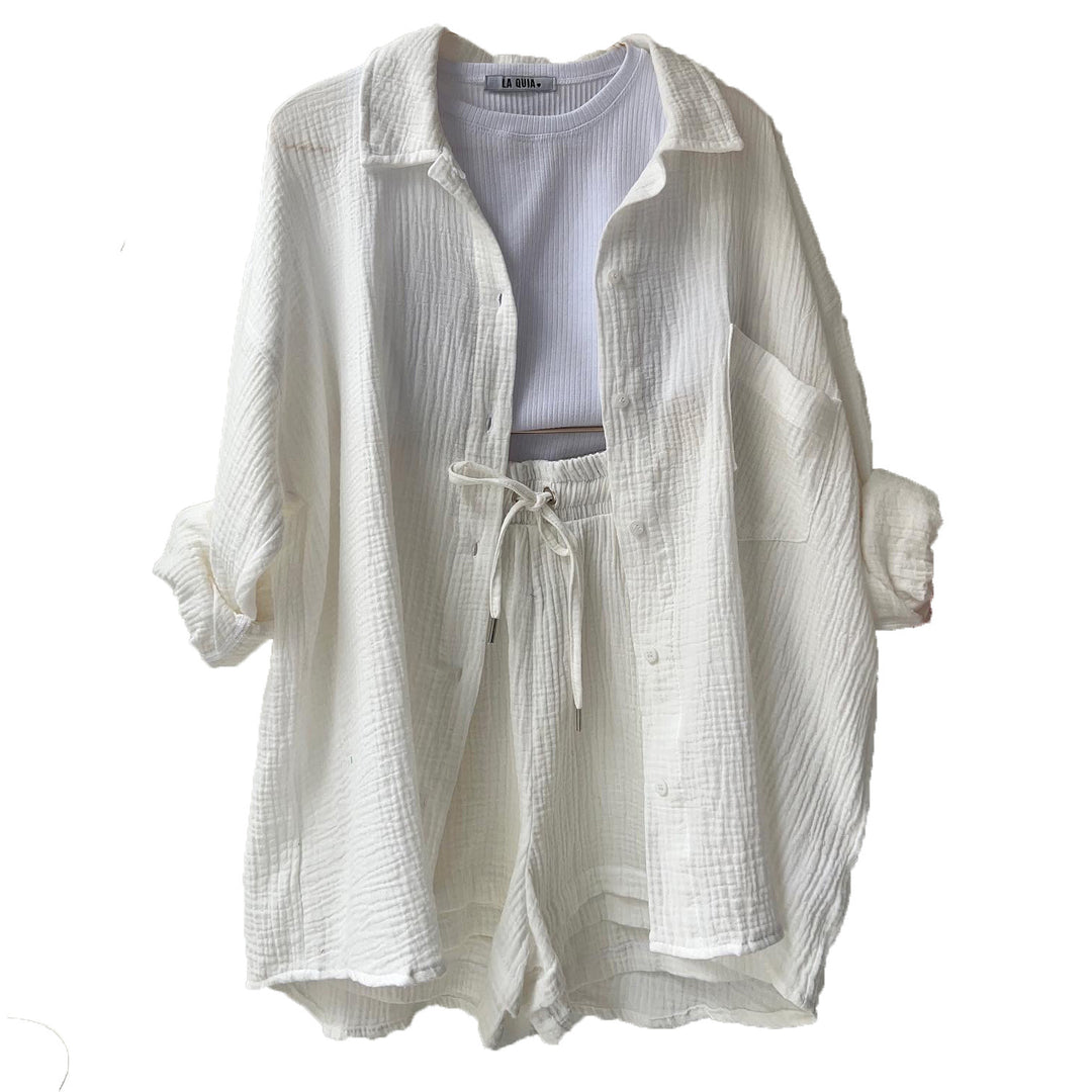 Damen lässiges Komfort-Set aus kurzem Top und Oversized-Hemd Drune