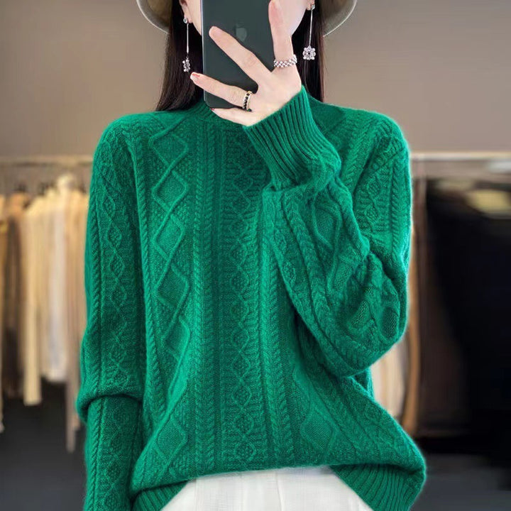 Damen Hochwertiger Strickpullover mit Stehkragen und Zopfdesign Drune