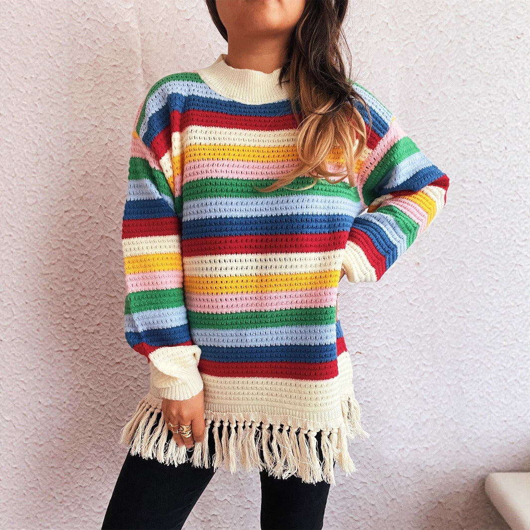 Damen entzückender Pullover mit Fransen und buntem Streifenmuster Drune