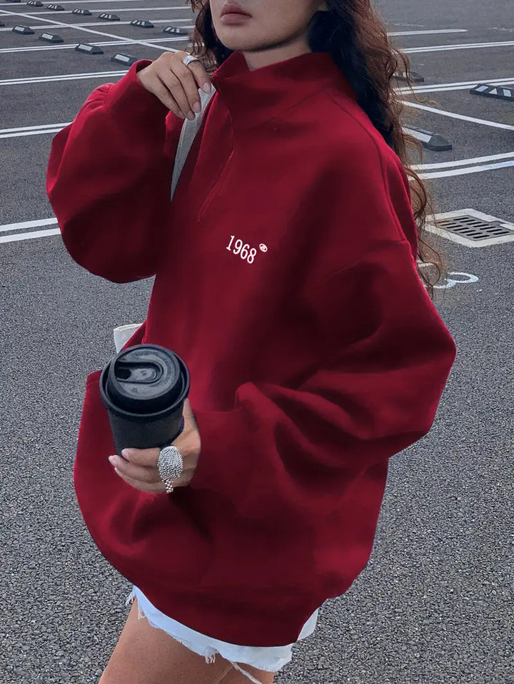 Damen nan oversized Halbzip-Sweatshirt mit hohem Stehkragen, Kängurutasche und lässigem Oversize-Schnitt Drune
