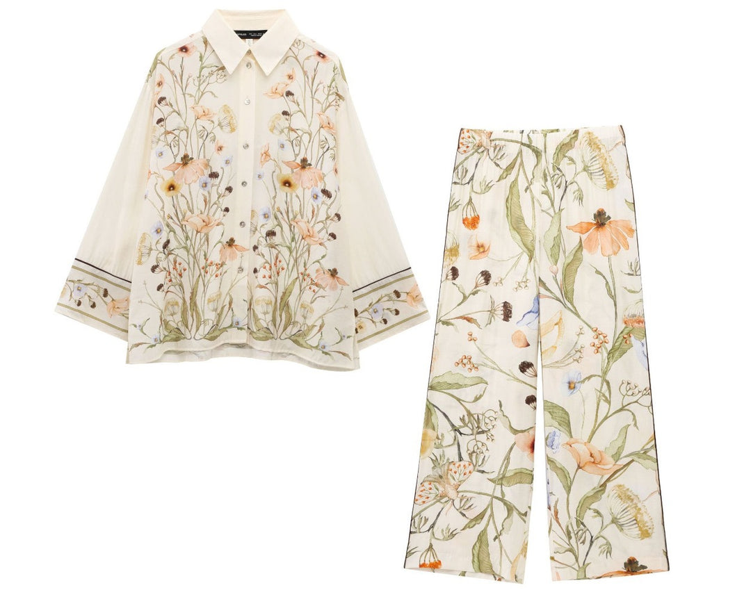 Damen nan weite Leinenhose mit hohem Bund, Palazzoschnitt und floraler Aquarell-Print Drune