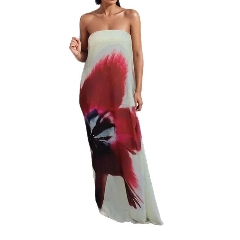 Damen Maxikleid mit schulterfreiem Design und floralen Akzenten Drune