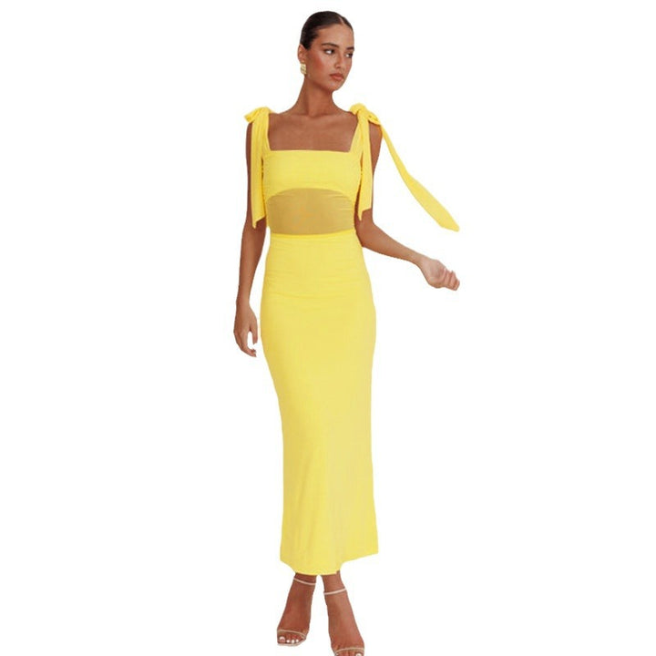 Damen elegantes Maxikleid mit transparenter Spitze und Schulterbändern Drune