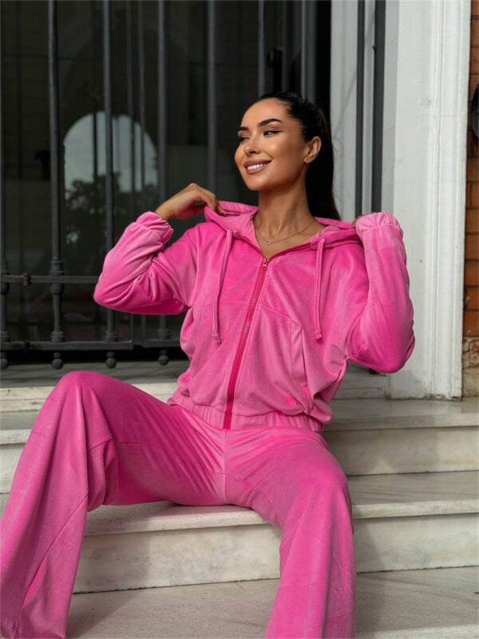 Damen Sportlicher Velours-Jogginganzug mit Kapuze und Komfort-Taille Drune