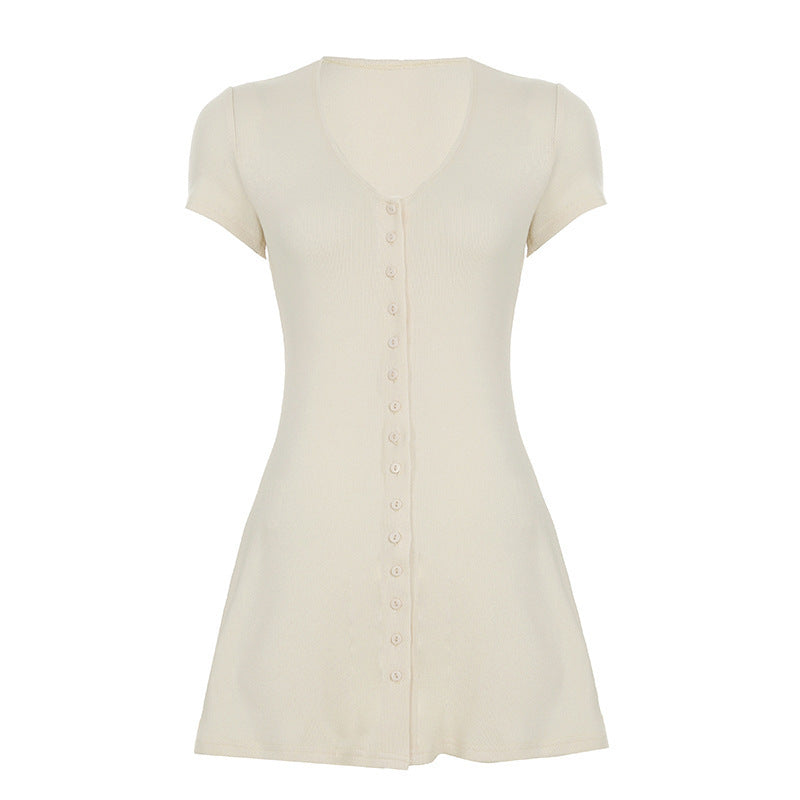Damen Kurzarm-Strickkleid mit Knopfdetail und schmeichelndem Schnitt Drune