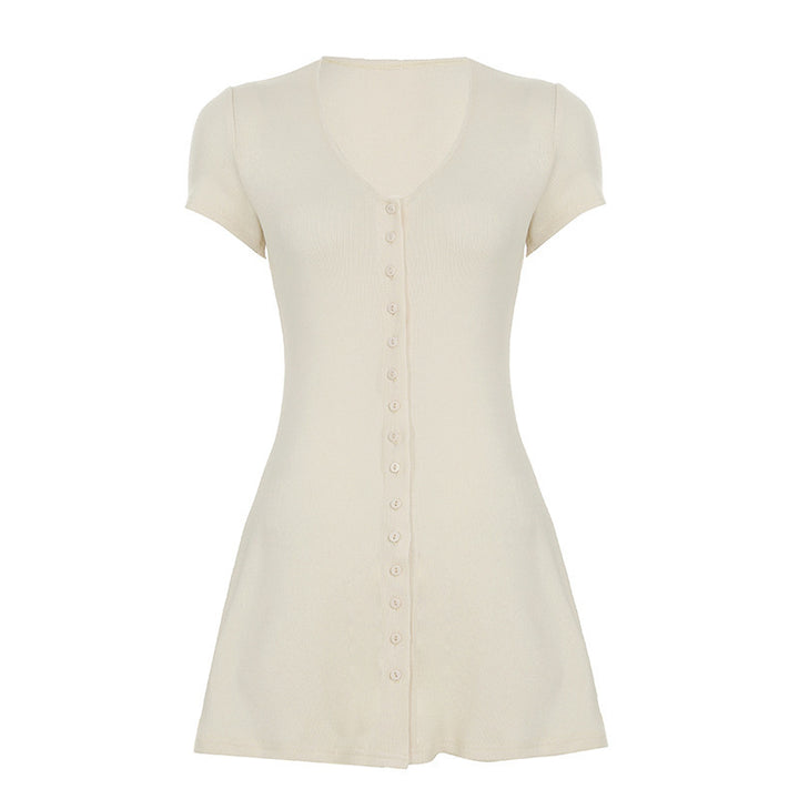 Damen Kurzarm-Strickkleid mit Knopfdetail und schmeichelndem Schnitt Drune