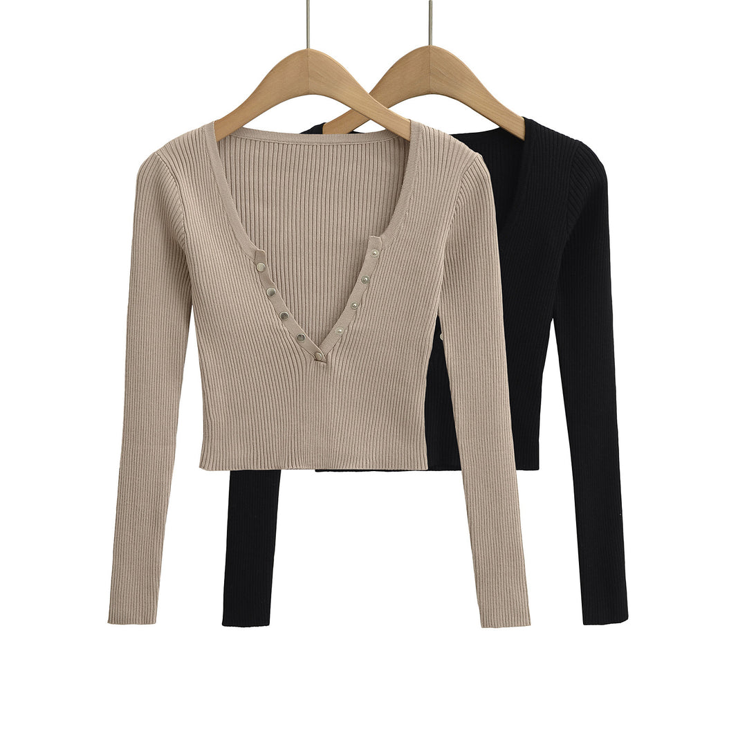 Damen cropped Langarmshirt mit Knopfleiste Drune