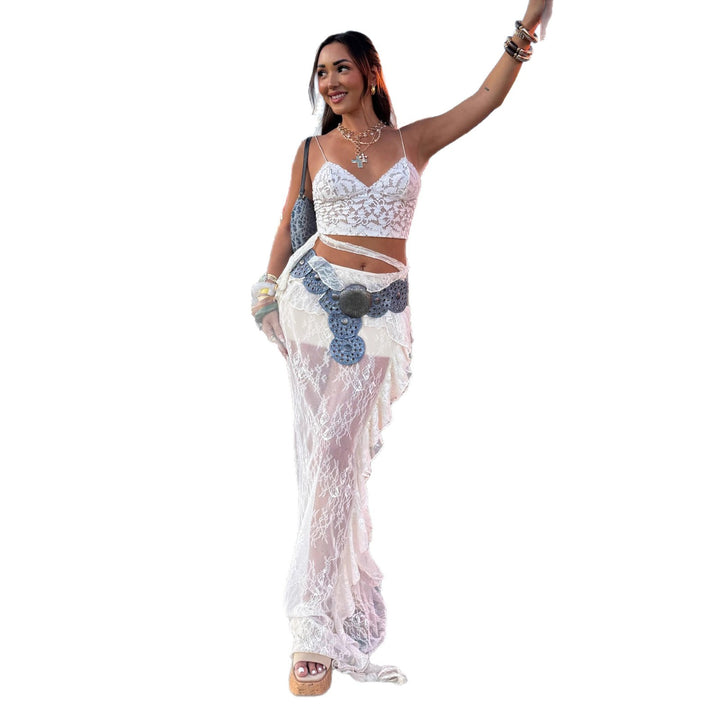 Damen Maxirock aus zarter Spitze mit Rüschenrand und asymmetrischem Saum Drune