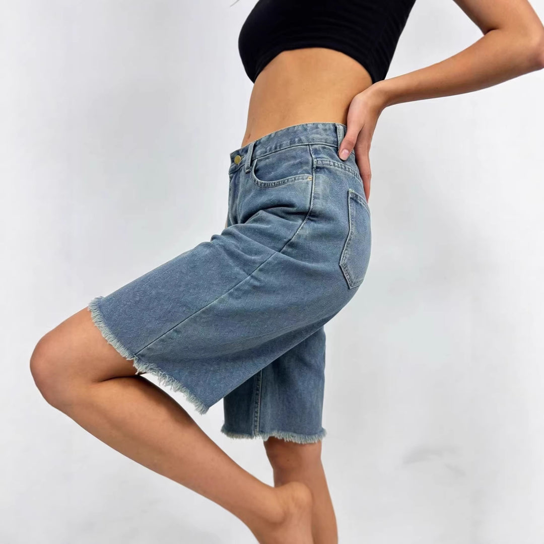 Damen lässige Denim-Shorts mit ausgefransten Säumen und hoher Taille Drune