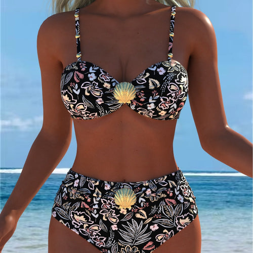 Damen Balconette-Bikini mit hohem Taillen-Schnitt und dekorativem Muschel-Detail Drune