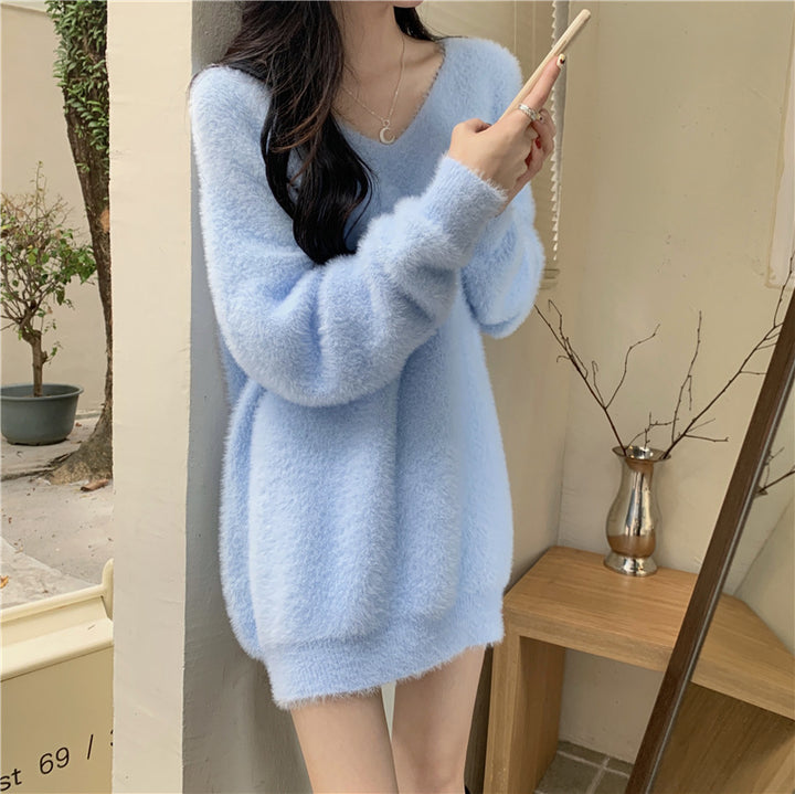 Damen flauschiges V-Ausschnitt Kleid mit langen Ärmeln Drune