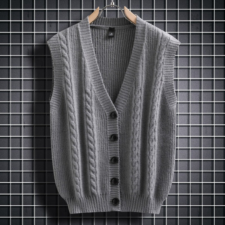 Herren ärmellose Strickjacke mit Zopfmuster und Knopfdetails Drune