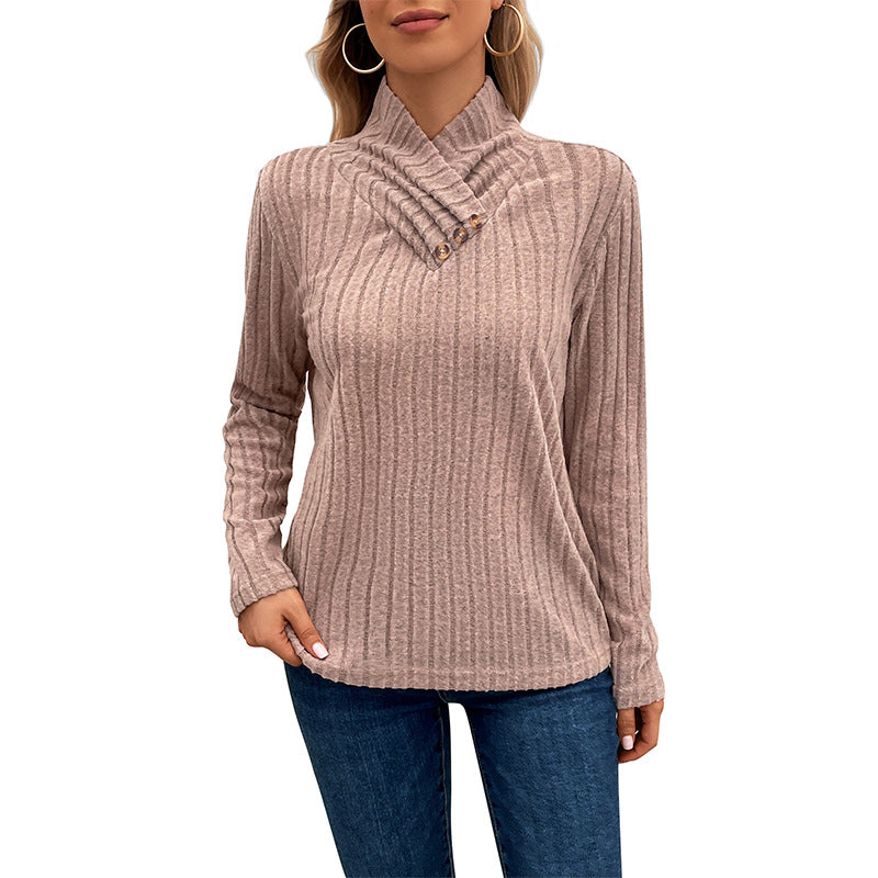 Damen modischer Strickpullover mit hohem Kragen und Knopfdetails Drune