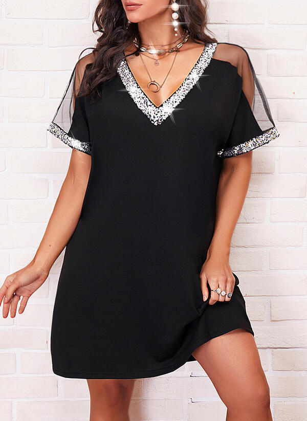 Damen trendy Freizeitkleid mit elegantem V-Ausschnitt und transparenter Schulterpartie Drune