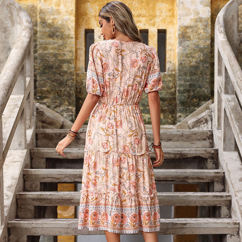 Damen Maxikleid mit floralen Mustern und Rüschen Drune